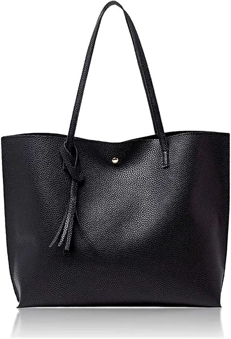 MUNSKT Black Tote Bag for Ladies, Soft Leather Large Capacity Waterproof Modern Handbag with Inner Pocket for Work School Shopping Leisure