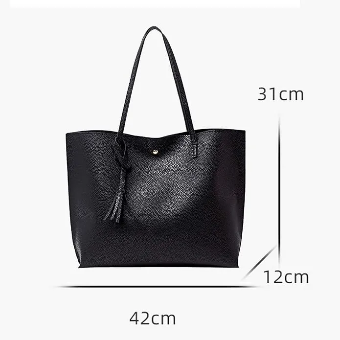 MUNSKT Black Tote Bag for Ladies, Soft Leather Large Capacity Waterproof Modern Handbag with Inner Pocket for Work School Shopping Leisure