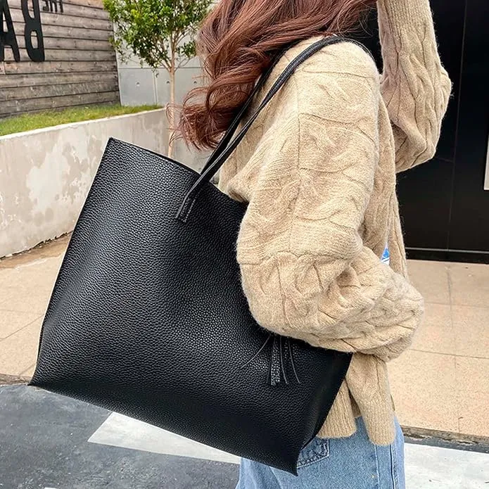 MUNSKT Black Tote Bag for Ladies, Soft Leather Large Capacity Waterproof Modern Handbag with Inner Pocket for Work School Shopping Leisure