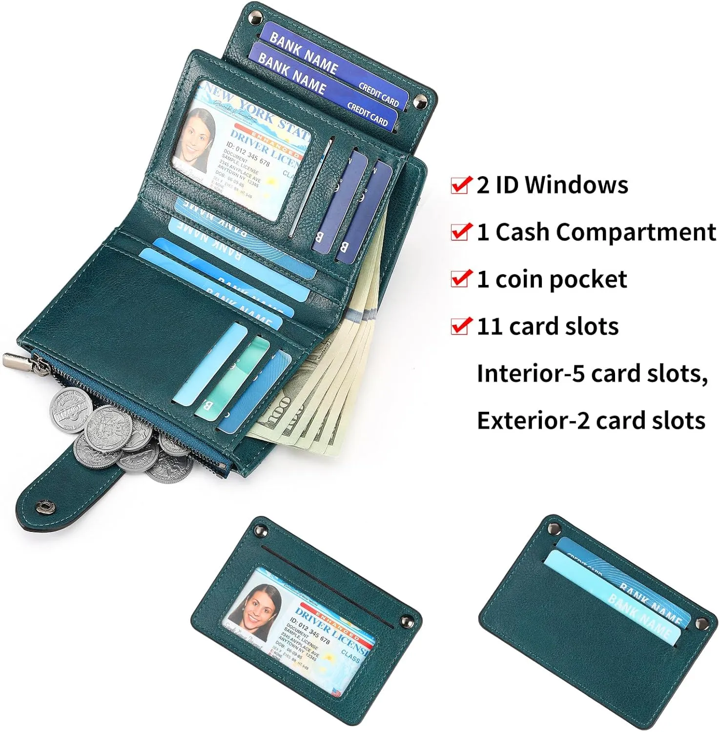 Small Womens Wallet Compact Leather RFID Blocking Zipper Coin Pocket Card Holder Bifold Ladies Purse with ID Window