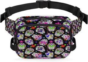 Sugar Flower Skull Fanny Pack Durable with Adjustable Belt Main Zippered Pocket Lightweight Waterproof Belt Bag for Travel Sports Workout Hiking Phone Bag