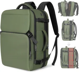Travel Backpack Carry On Flight Approved, Lightweight Large Travel Backpack, Expandable with USB Charging Hole, Waterproof Causal Bookbag for Travel Work College Fits 17inch Laptop, Green