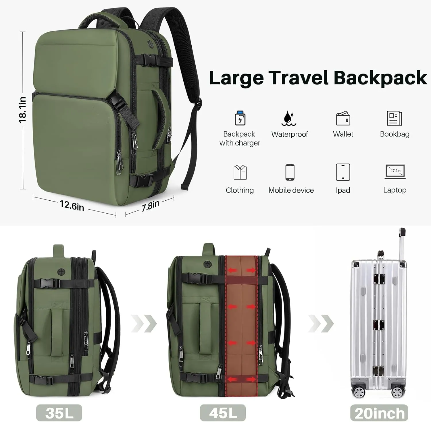 Travel Backpack Carry On Flight Approved, Lightweight Large Travel Backpack, Expandable with USB Charging Hole, Waterproof Causal Bookbag for Travel Work College Fits 17inch Laptop, Green