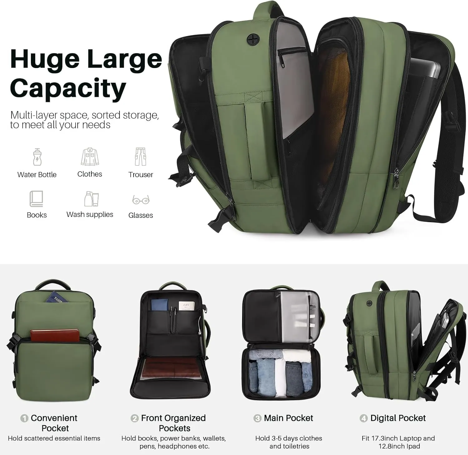 Travel Backpack Carry On Flight Approved, Lightweight Large Travel Backpack, Expandable with USB Charging Hole, Waterproof Causal Bookbag for Travel Work College Fits 17inch Laptop, Green