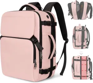 Travel Backpack Carry On Flight Approved, Lightweight Large Travel Backpack, Expandable with USB Charging Hole, Waterproof Causal Bookbag for Travel Work College Fits 17inch Laptop, Pink