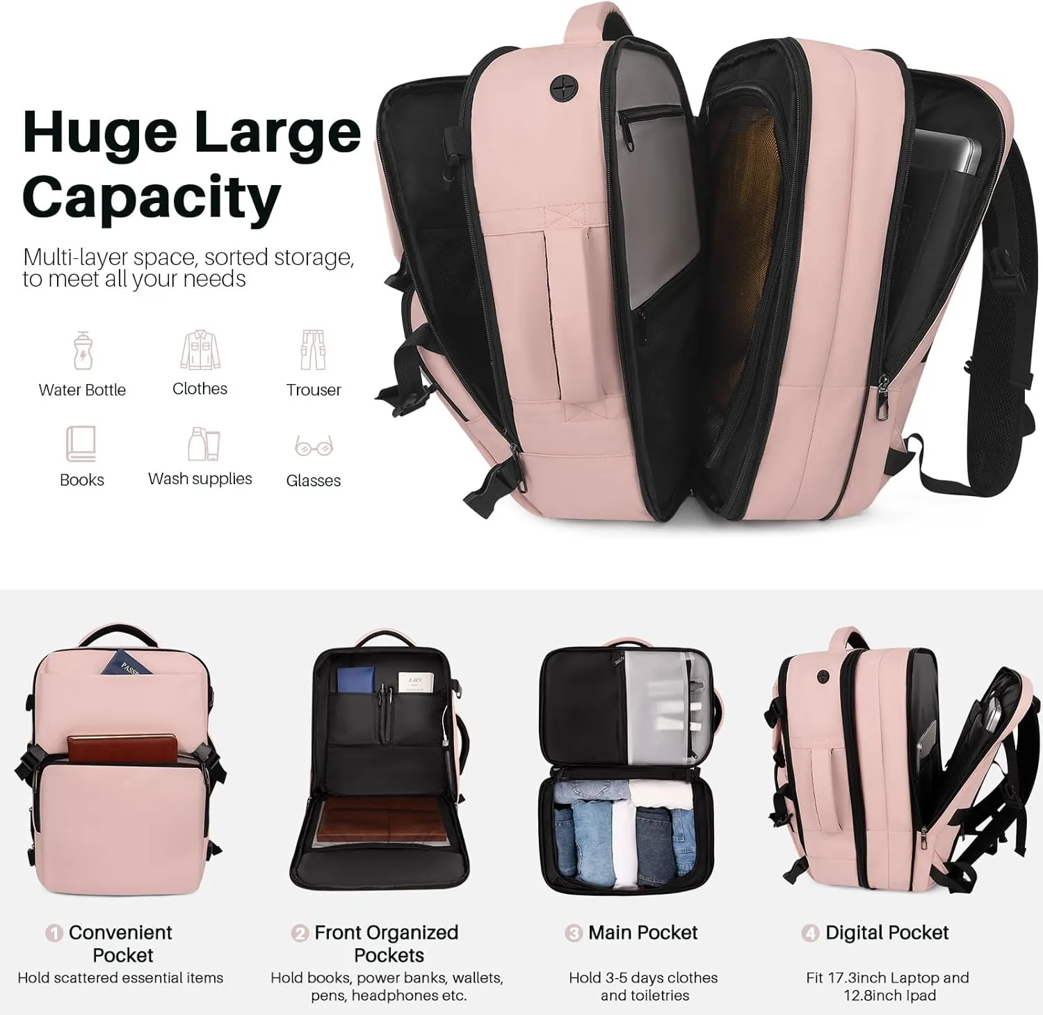 Travel Backpack Carry On Flight Approved, Lightweight Large Travel Backpack, Expandable with USB Charging Hole, Waterproof Causal Bookbag for Travel Work College Fits 17inch Laptop, Pink