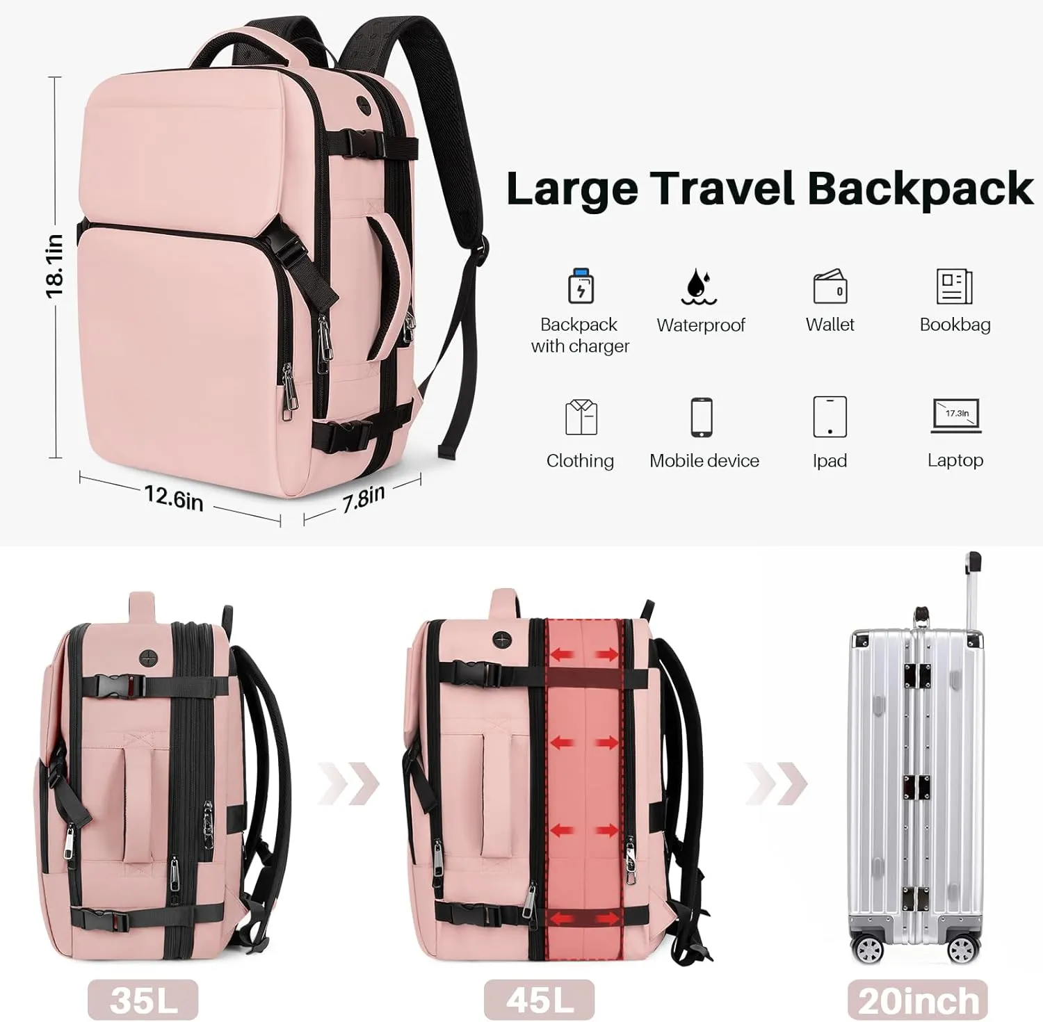 Travel Backpack Carry On Flight Approved, Lightweight Large Travel Backpack, Expandable with USB Charging Hole, Waterproof Causal Bookbag for Travel Work College Fits 17inch Laptop, Pink