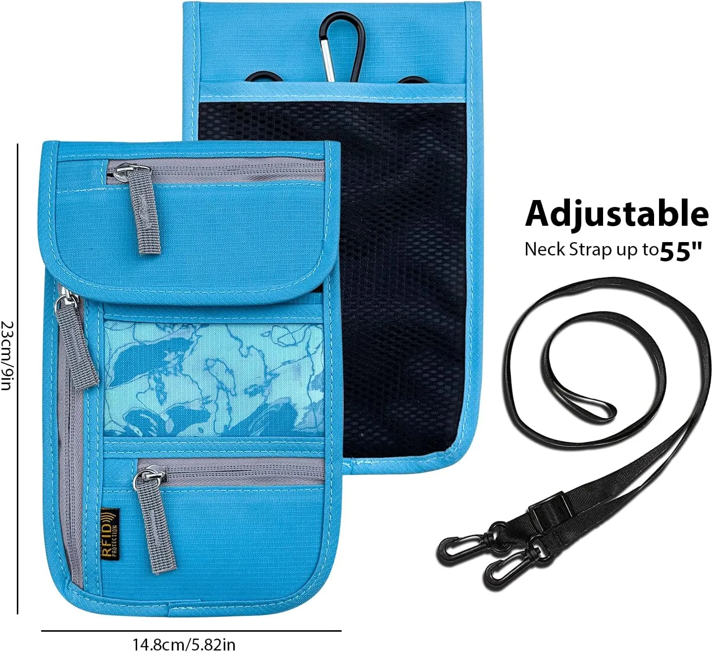 Travel Neck Wallet, RFID Blocking Passport Holder with Adjustable Neck Strap for Men and Women to Keep Cash, Credit Cards and Travel Documents Safe - Blue