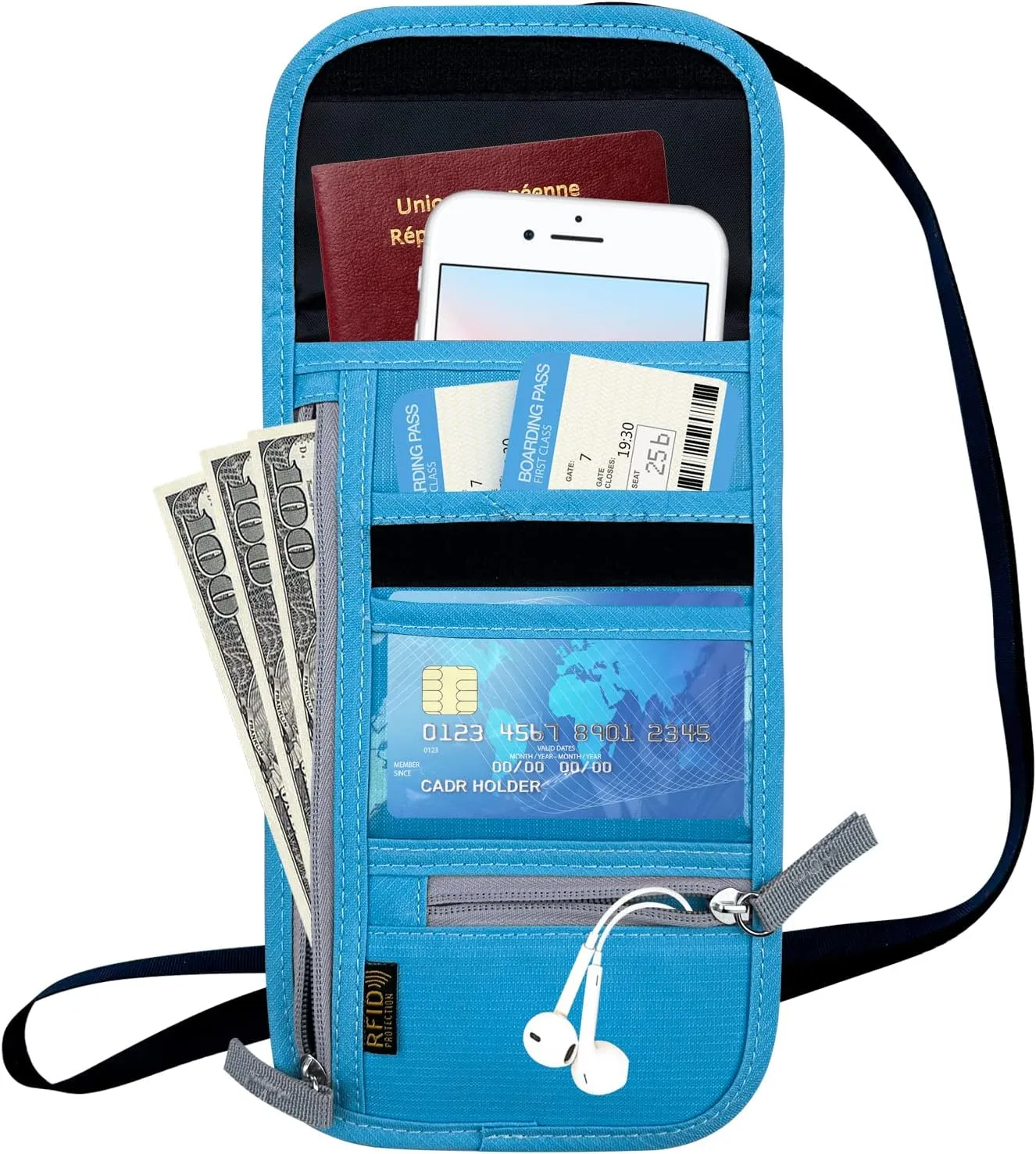 Travel Neck Wallet, RFID Blocking Passport Holder with Adjustable Neck Strap for Men and Women to Keep Cash, Credit Cards and Travel Documents Safe - Blue