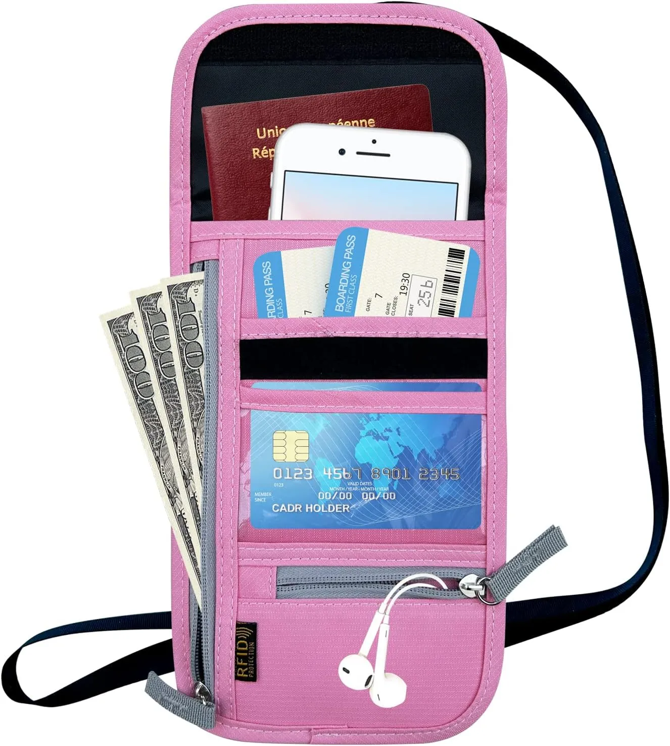 Travel Neck Wallet, RFID Blocking Passport Holder with Adjustable Neck Strap for Men and Women to Keep Cash, Credit Cards and Travel Documents Safe - Pink