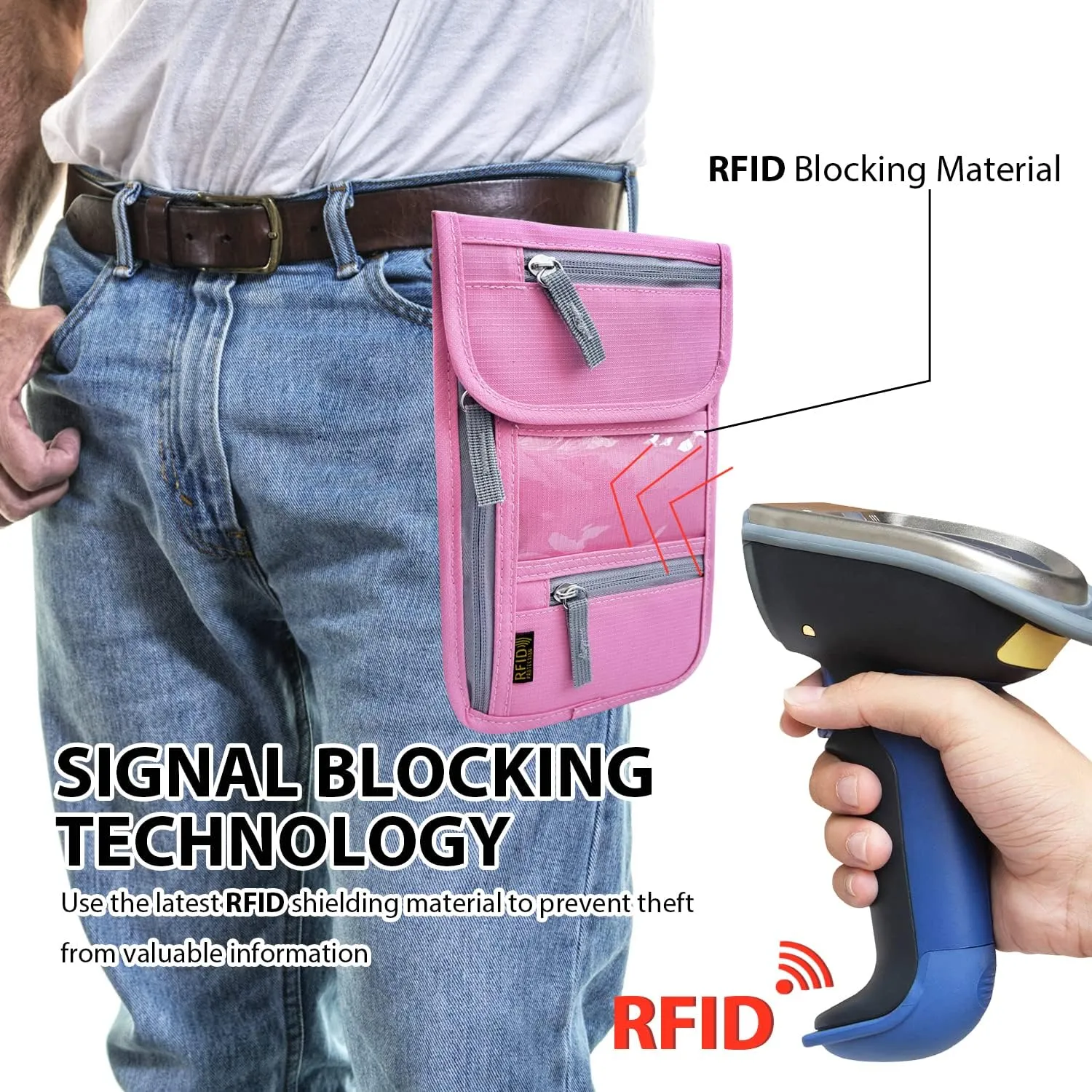 Travel Neck Wallet, RFID Blocking Passport Holder with Adjustable Neck Strap for Men and Women to Keep Cash, Credit Cards and Travel Documents Safe - Pink