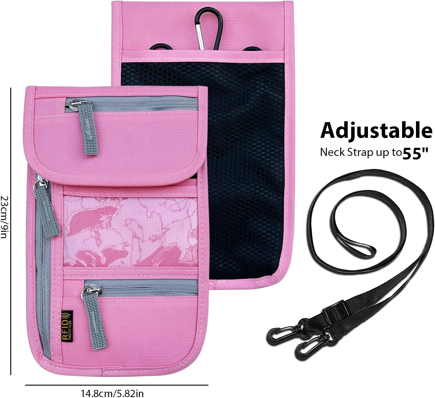 Travel Neck Wallet, RFID Blocking Passport Holder with Adjustable Neck Strap for Men and Women to Keep Cash, Credit Cards and Travel Documents Safe - Pink