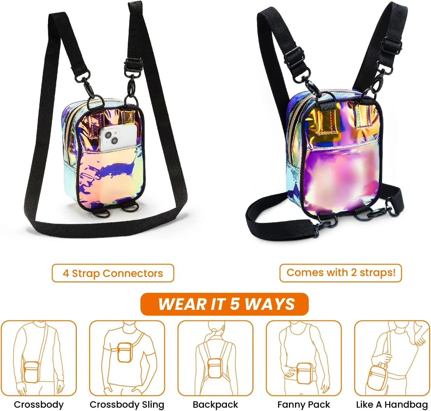 Vibe Festival Gear Small Crossbody Sling Bag for Women Men 5in1 Multi-Use from (rPET) Recycled Polyester Belt Bag Cross Body Backpack Fanny Pack Purse - Purple