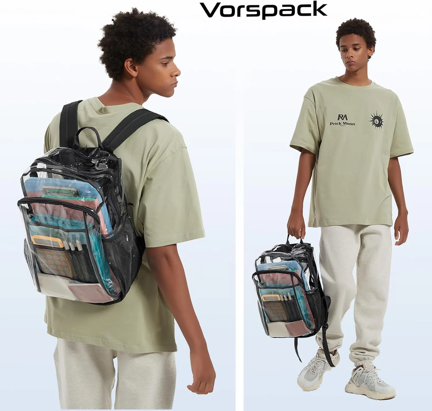 Vorspack Clear Backpack Heavy Duty - Extra Large Clear Book Bag with Multi-pockets See Through Backpack for College Workplace Travel - Black