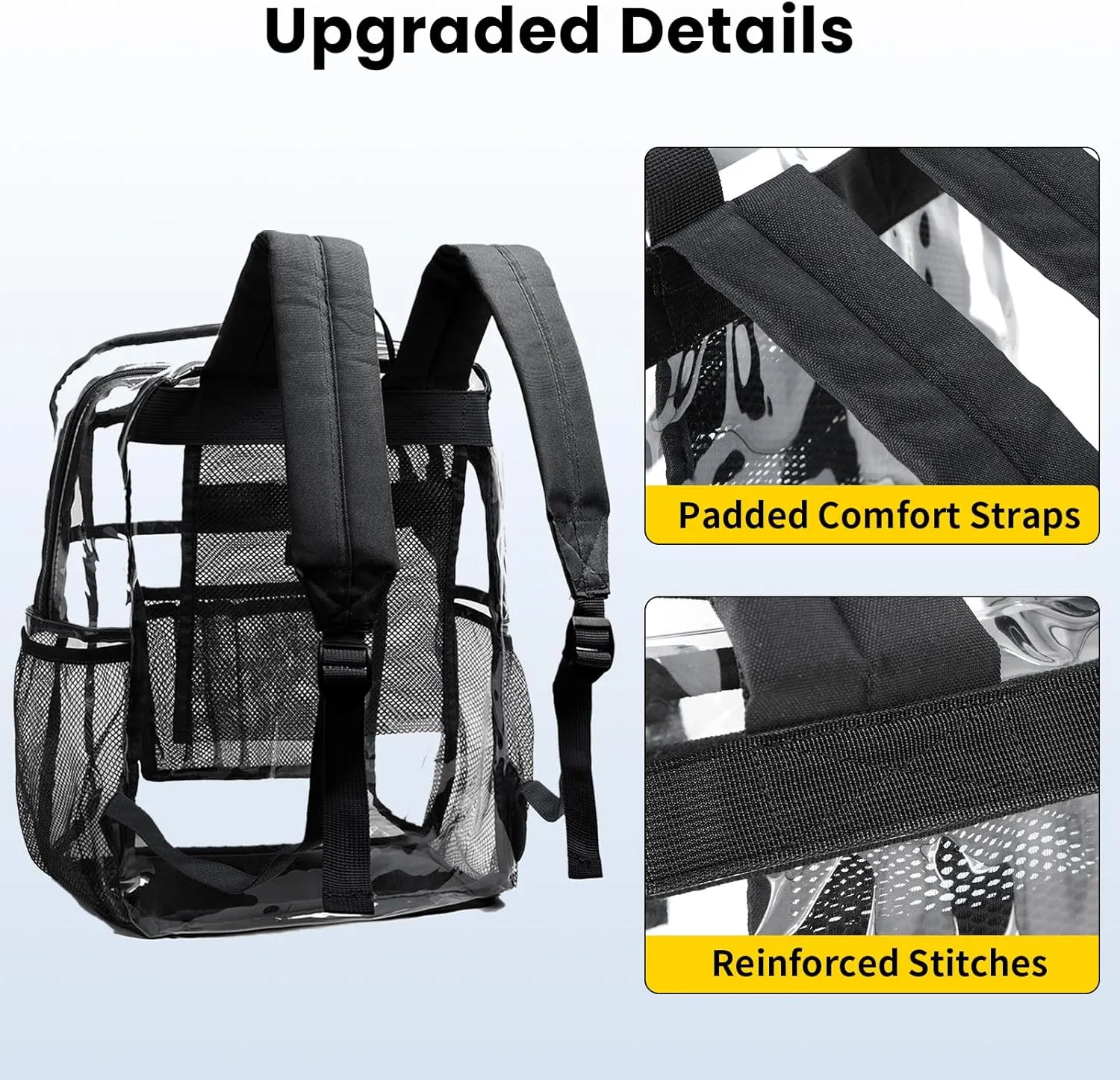 Vorspack Clear Backpack Heavy Duty - Extra Large Clear Book Bag with Multi-pockets See Through Backpack for College Workplace Travel - Black