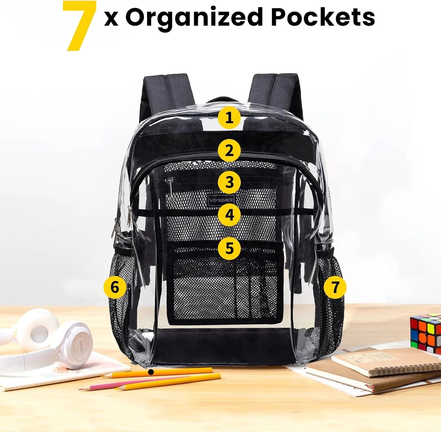 Vorspack Clear Backpack Heavy Duty - Extra Large Clear Book Bag with Multi-pockets See Through Backpack for College Workplace Travel - Black