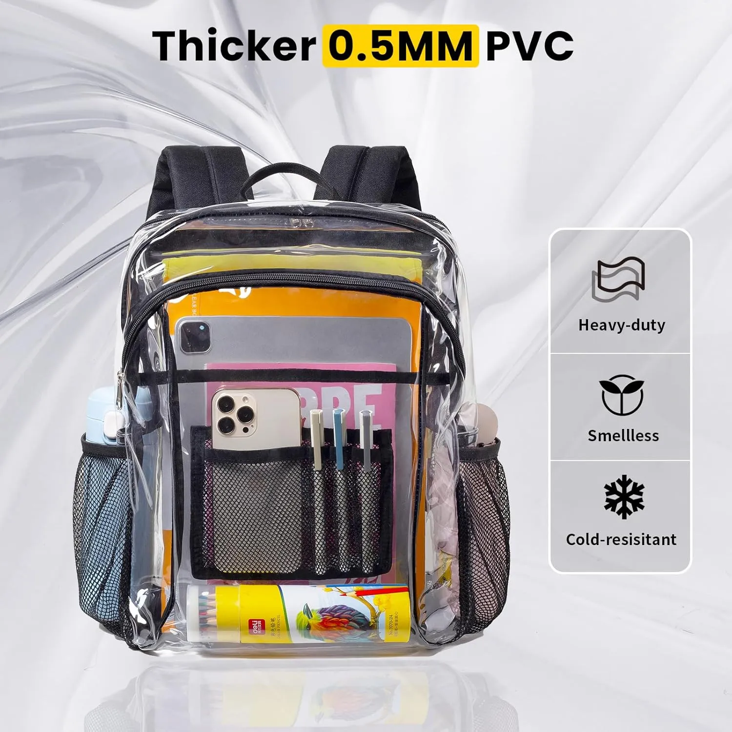 Vorspack Clear Backpack Heavy Duty - Extra Large Clear Book Bag with Multi-pockets See Through Backpack for College Workplace Travel - Black